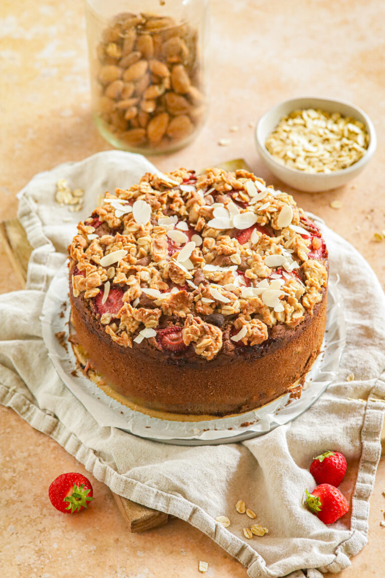 Aardbeien yoghurt cake met crumble